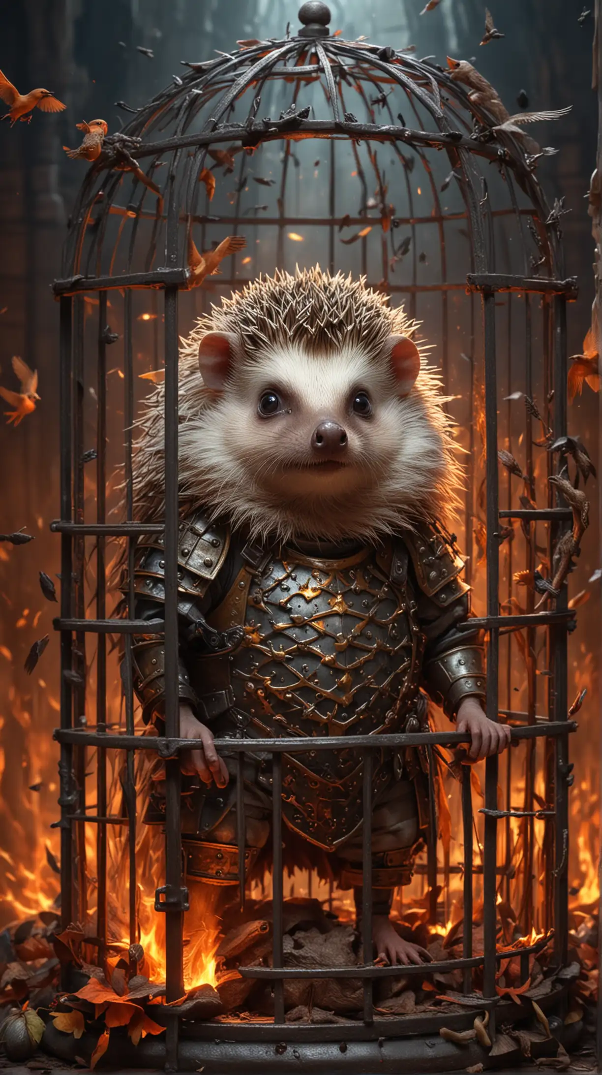 Scared Hedgehog Mage in Fiery Cage with Fiery Birds