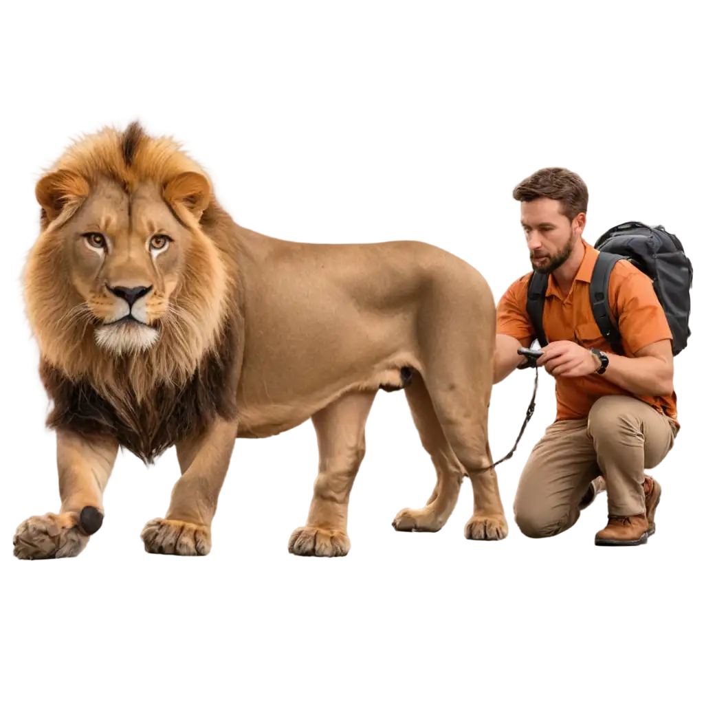 Realistic-PNG-Image-of-Human-Attaching-Tracking-Device-to-Lion-in-the-Wild-at-Sunset