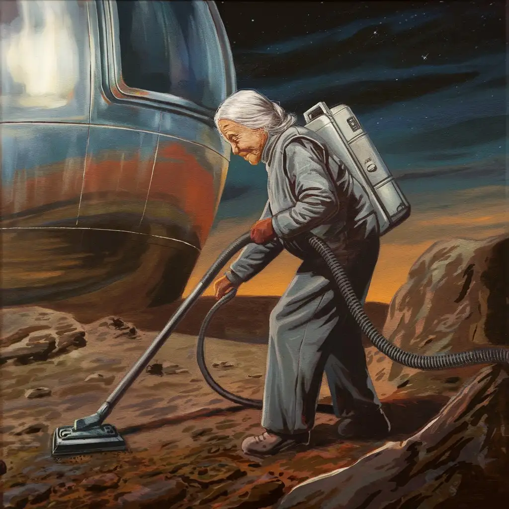 an old lady, vacuum cleaning the space, on a foreign planet, artwork