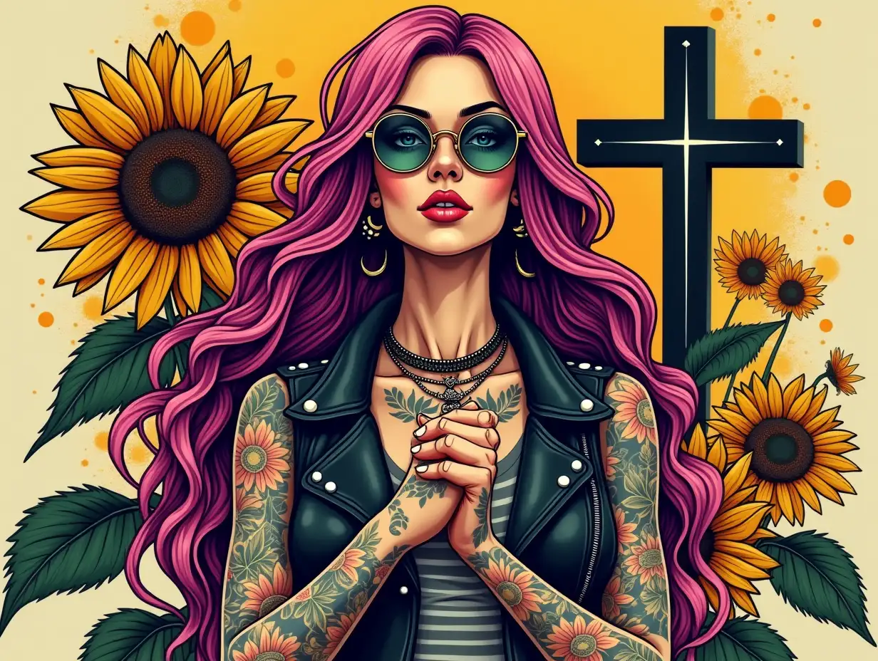 Vintage, vector. Create a portrait of a tattooed woman with long, flowing hair that features vibrant pink and purple streaks. She is wearing oversized round sunglasses and a black leather jacket. The woman stands confidently with her hands clasped in front of her, showcasing intricate tattoos of flowers and religious symbols on her arms. The background is a lively explosion of sunflowers and abstract shapes, including a prominent bold cross design. Overlay the text 'My Redeemer Lives' in a stylish and artistic font. Use a bright and vibrant color palette with golden yellows, deep greens, and contrasting dark elements to convey a sense of strength and spirituality. The overall aesthetic should blend hyperrealism with an illustrative, vibrant art style.