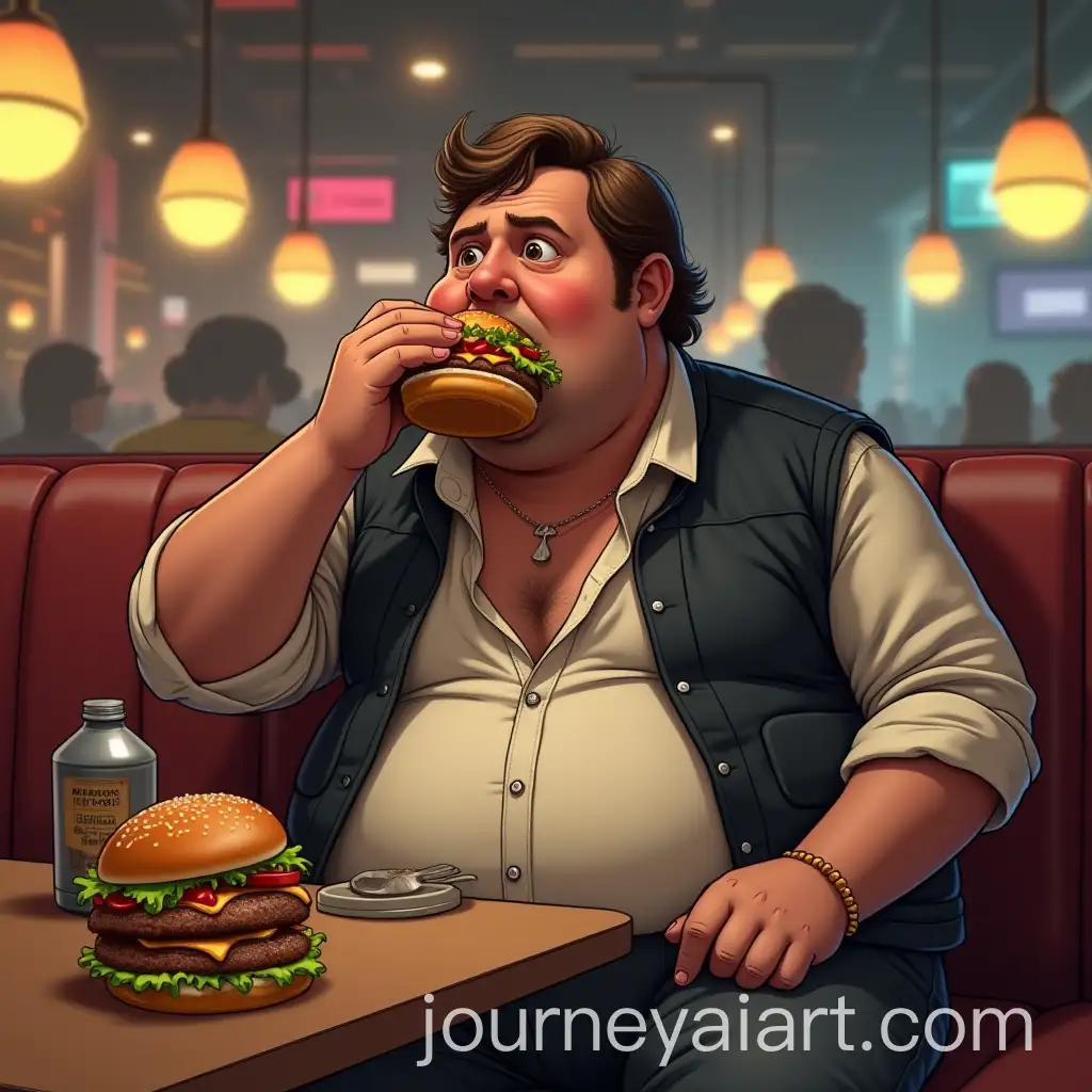 Chubby-Man-in-Han-Solo-Cosplay-Eating-Burger-and-Shooting-Greedo-in-Mos-Eisley-Cantina