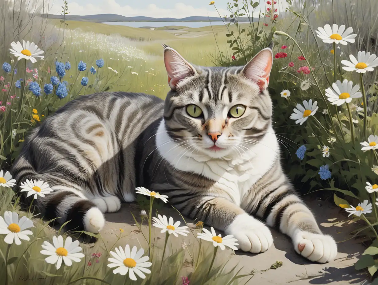 Gray Tabby Cat Among Wild Flowers in the Style of Andrew Wyeth
