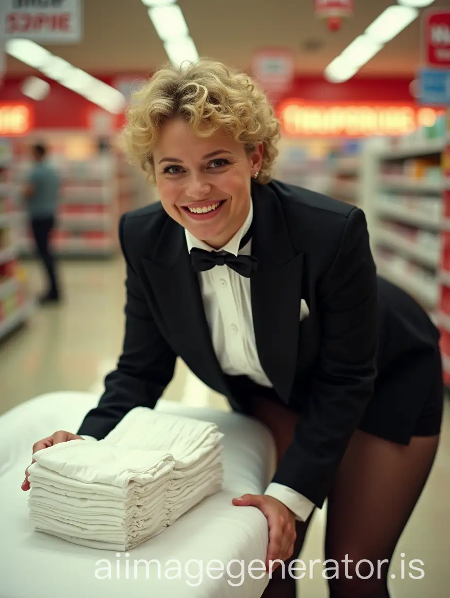 Caucasian-Woman-in-Formal-Tuxedo-Demonstrating-Diapers-at-Supermarket