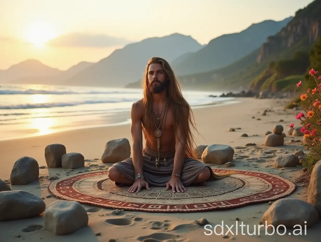 Nordic-Shaman-Practicing-Yoga-on-Serene-Sand-Beach