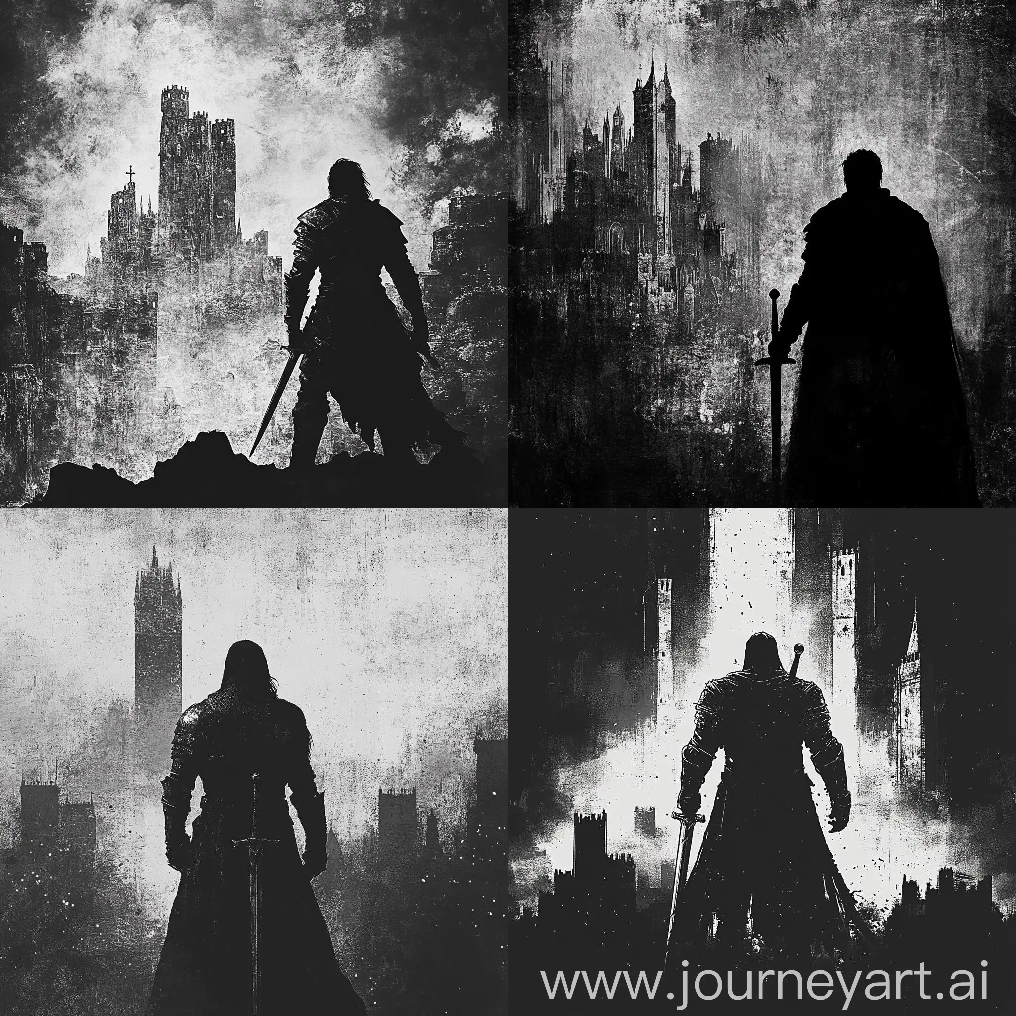 Silhouette-of-Knight-with-Sword-in-Gothic-City