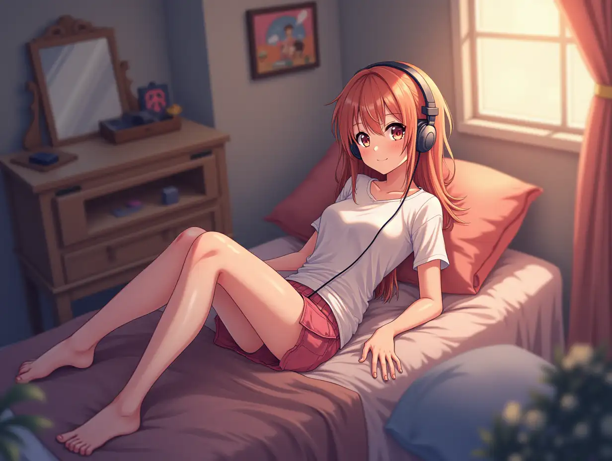 a beautiful anime girl, listening to music, in her cozy room, chilling on her bed