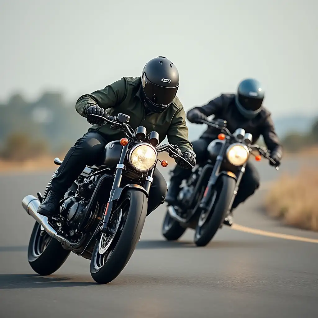 Two bullet bike racing riders on road