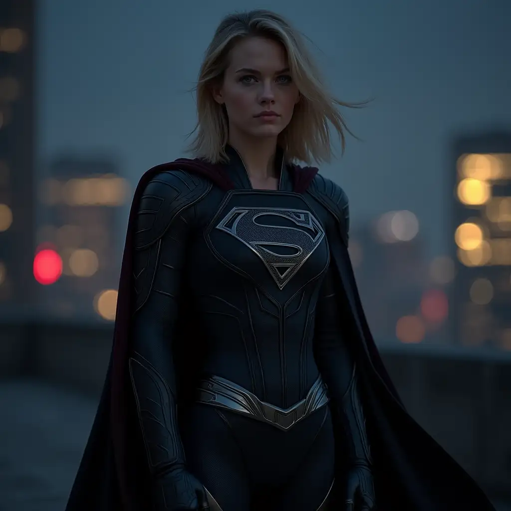 Young-Kara-ZorEl-in-Sleek-Black-Supergirl-Suit-on-Metropolis-Rooftop-at-Night