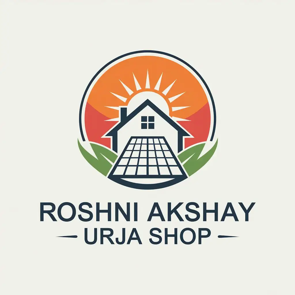 LOGO Design for Roshni Akshay Urja Shop Home with Solar Panel and Sun Theme