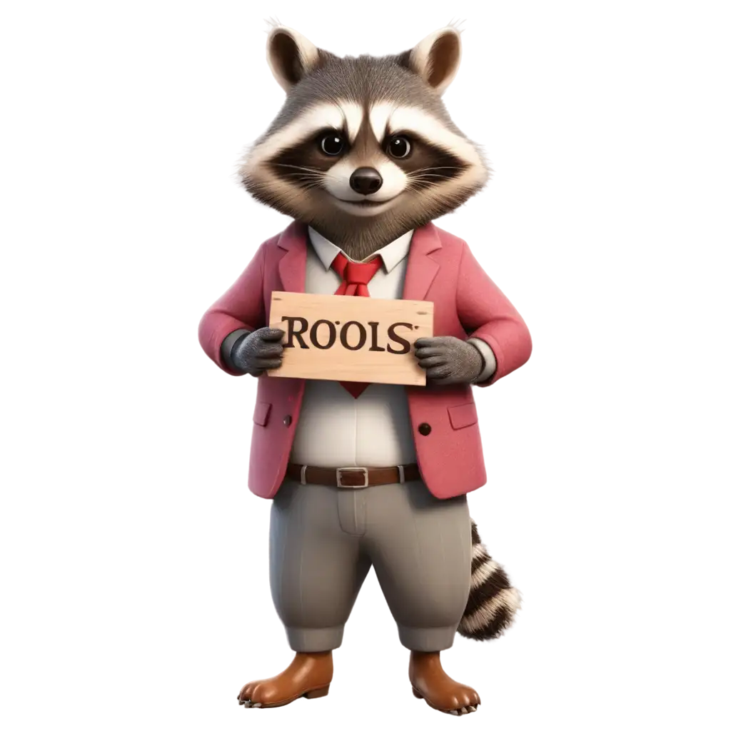 Cartoon rich raccoon in clothes with a large wooden sign