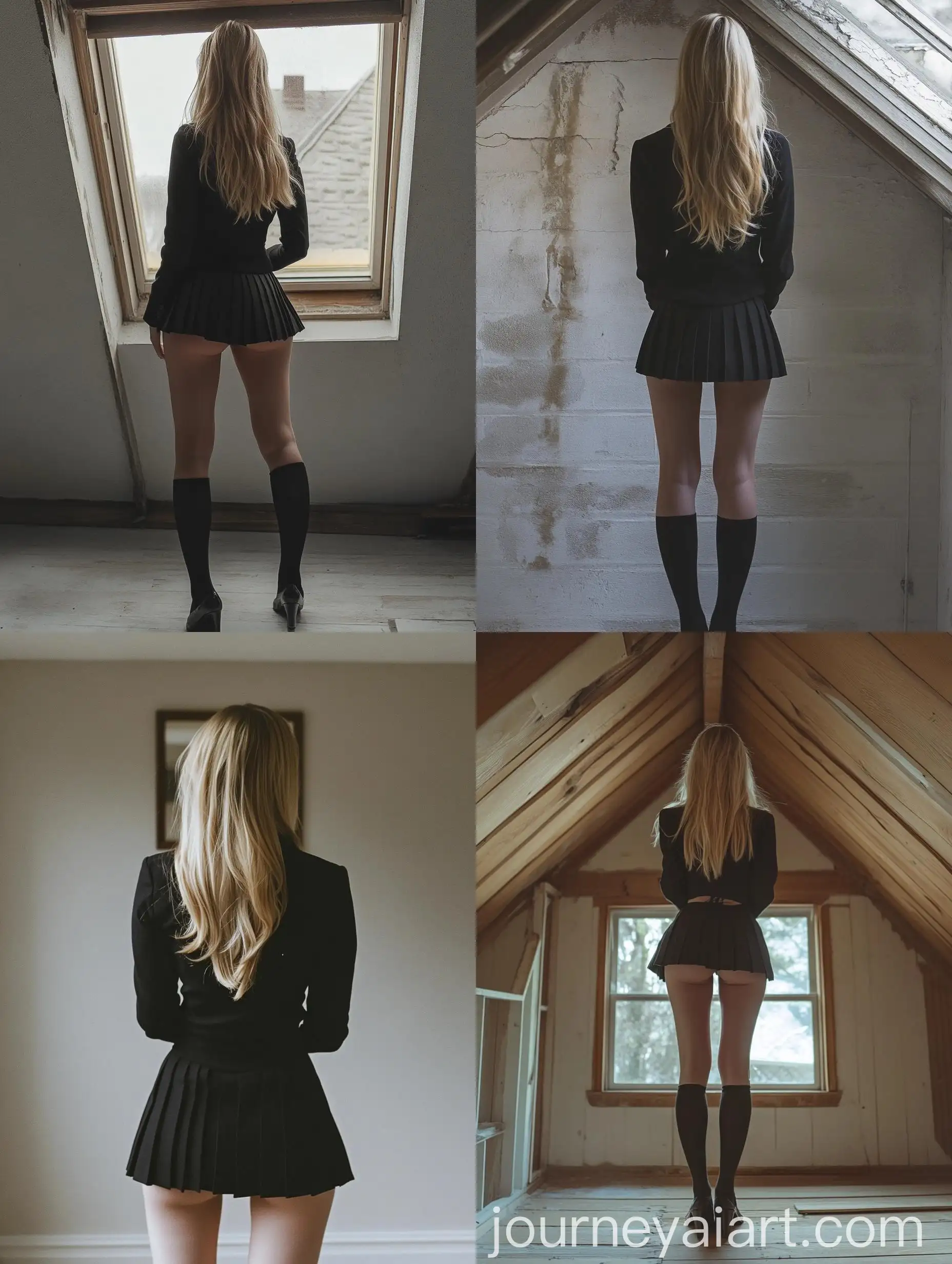 Blonde-Woman-in-School-Uniform-Poses-at-Photography-Studio