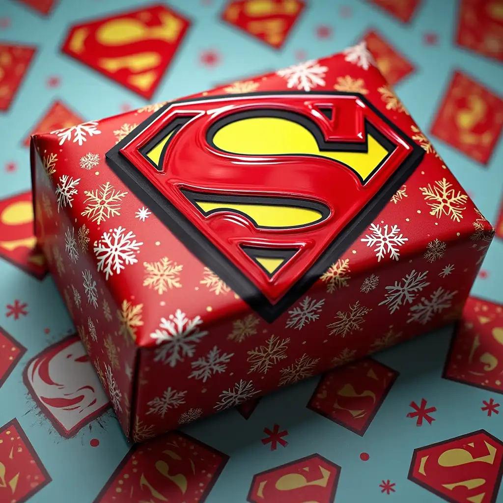 Dc comics superman logo wrapped up in Christmas wrapping paper