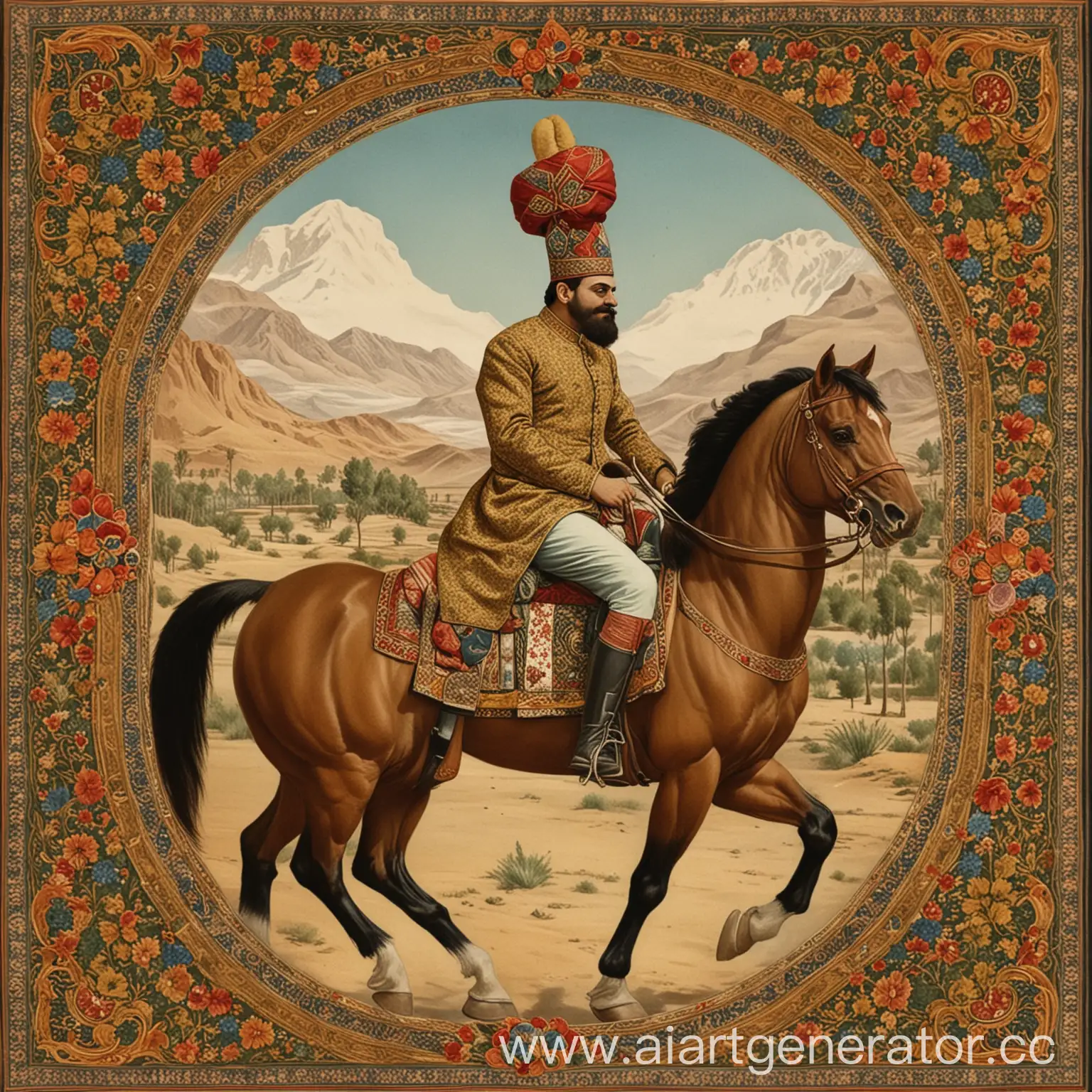 FathAli-Shah-Qajar-Riding-a-Horse-in-Traditional-Persian-Setting-on-His-Birthday