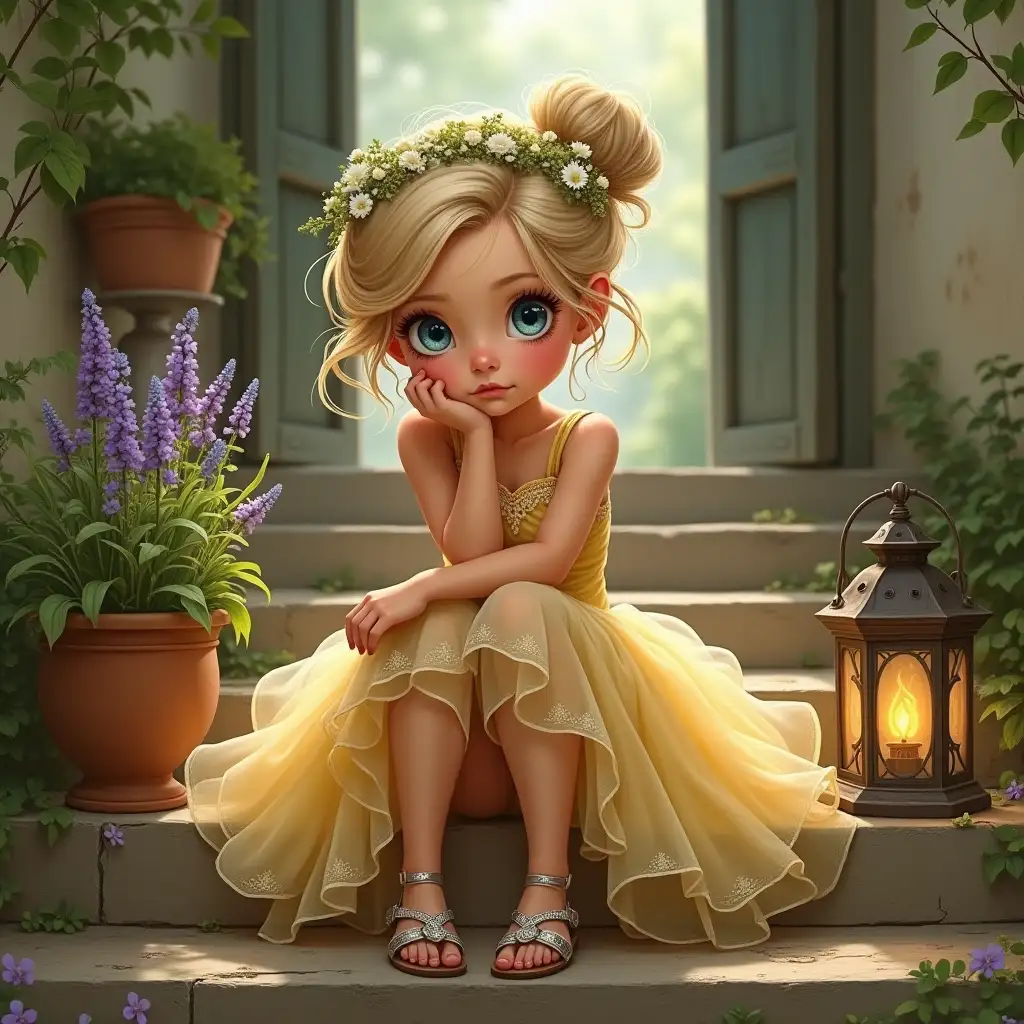 whimsical, romantic illustration by McClintock Craig depicts a young girl with voluminous blonde hair styled in an elaborate updo, adorned with a delicate floral headband made of small white flowers and green leaves. She sits thoughtfully on weathered wooden steps, resting her chin on her left hand, with her arms crossed over her knees. Her large, expressive blue eyes gaze directly at the viewer with a slightly pensive and contemplative expression. The girl wears a sleeveless, golden yellow dress with a voluminous tulle skirt that features multiple layers of translucent fabric underneath, creating a soft, ethereal effect. The dress has a fitted bodice with a subtle sheen and a faint floral pattern along the underside. She is barefoot, wearing ornate silver sandals with intricate designs on the straps. To her left, a terracotta pot containing lush green plants and vibrant purple flowers adds a touch of nature to the scene. On the right, a rustic lantern emits a warm glow, casting soft light onto the steps. The background features the weathered wooden steps leading up to an open doorway, with blurred foliage surrounding the steps, enhancing the depth and dreamy atmosphere. The lighting is soft and diffused, creating gentle shadows and highlighting the girl's features, giving the image a dreamy quality.  The overall mood is enchanting, tender, and nostalgic, with a color palette dominated by warm, earthy tones and soft pastels, creating a serene and magical ambiance.