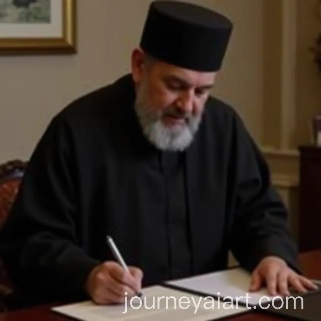 Man-in-Clerical-Attire-Signing-Document-in-Formal-Setting