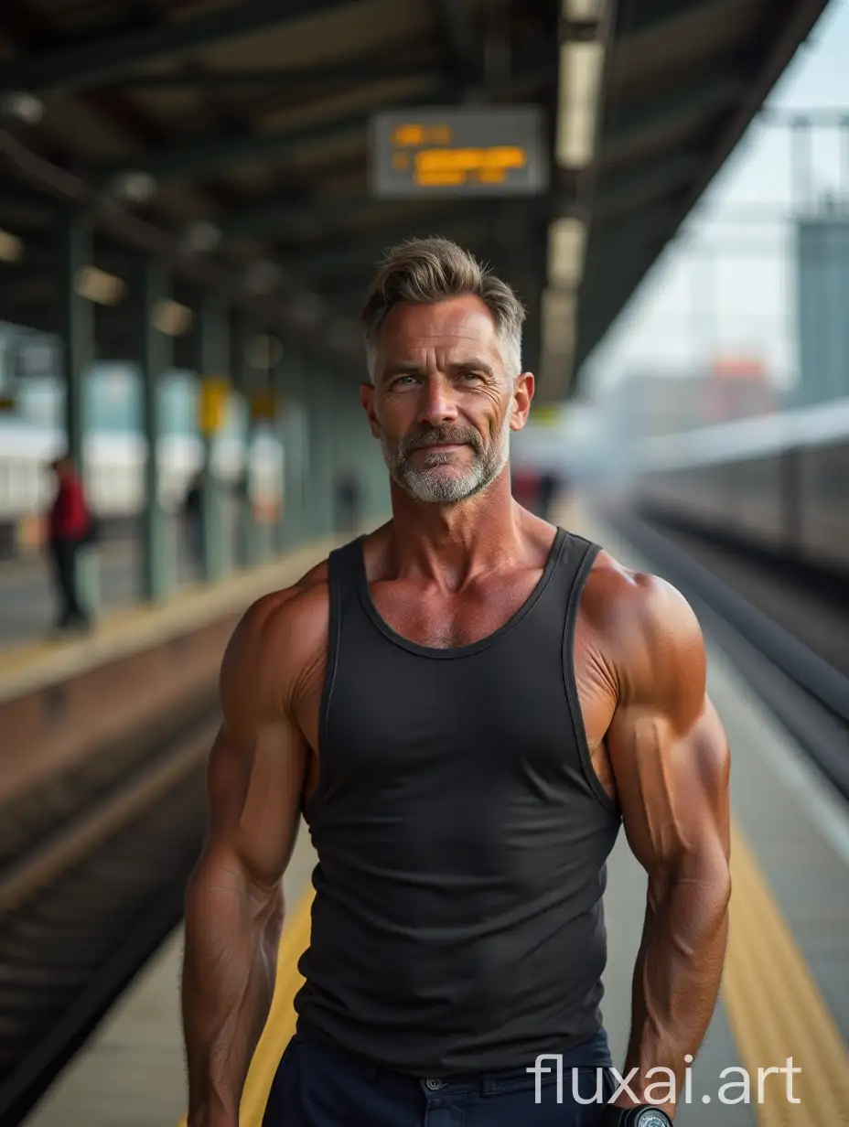 A muscular man around 50 years old stands at a train station, photo