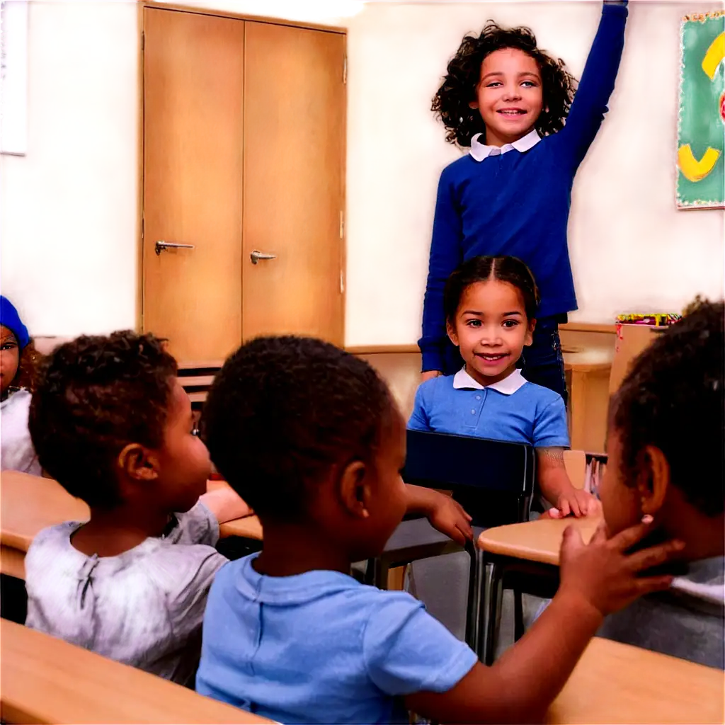 An African American child, confidently raising their hand in a classroom, with other children looking on, waiting for their turn.