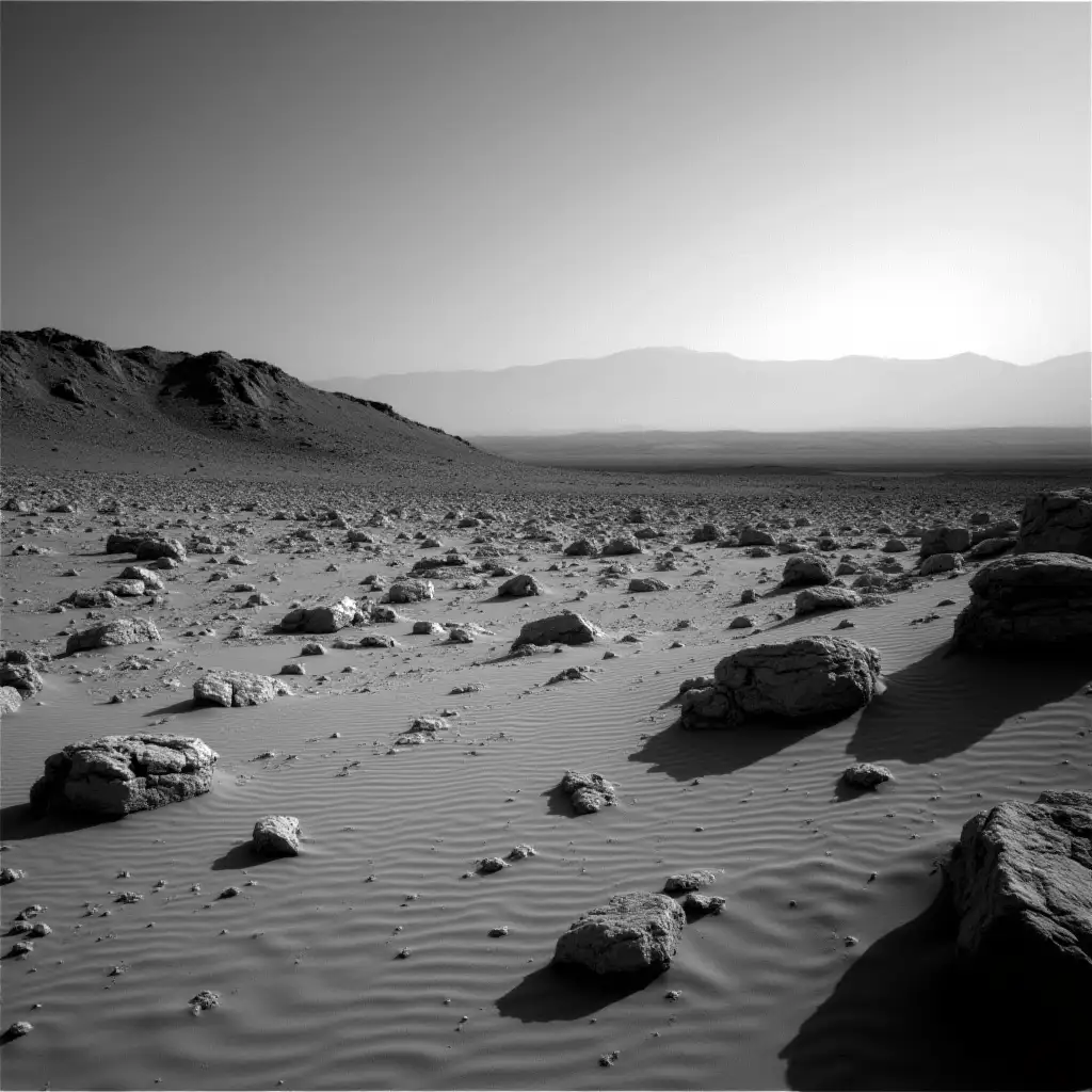 GrayScale-Photograph-of-Mars-with-Sands-and-Large-Rocks-in-the-Background