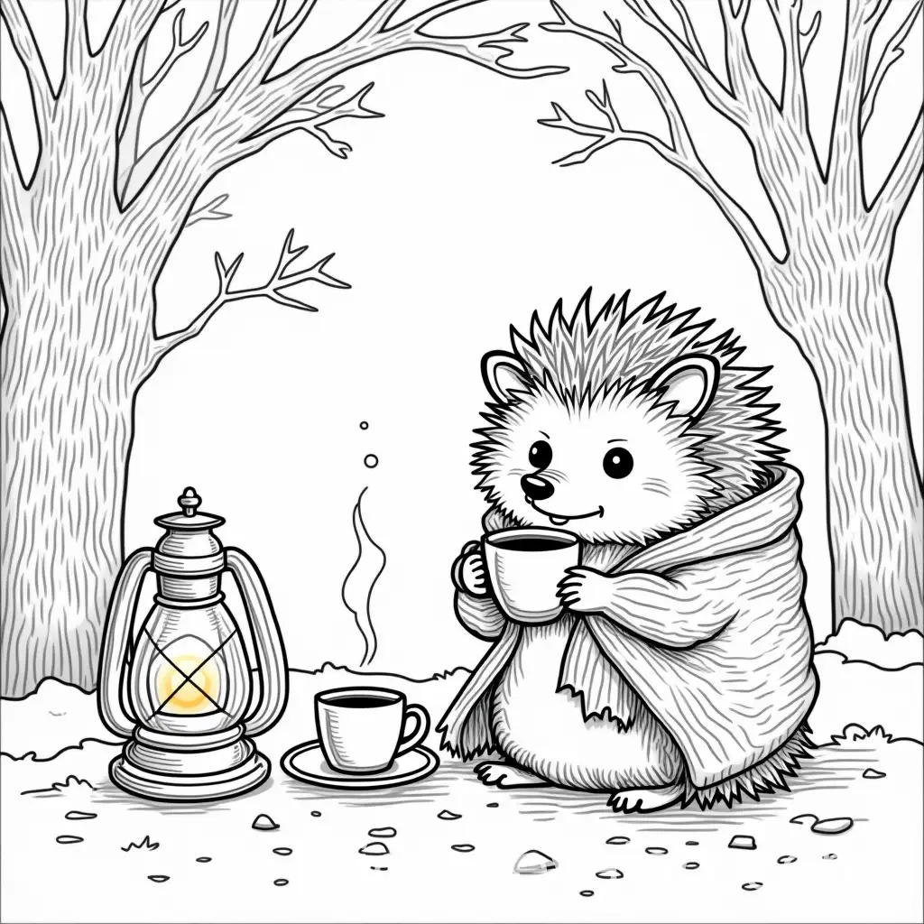 Hedgehog-Enjoying-Tea-by-a-Christmas-Lantern-in-a-Winter-Forest