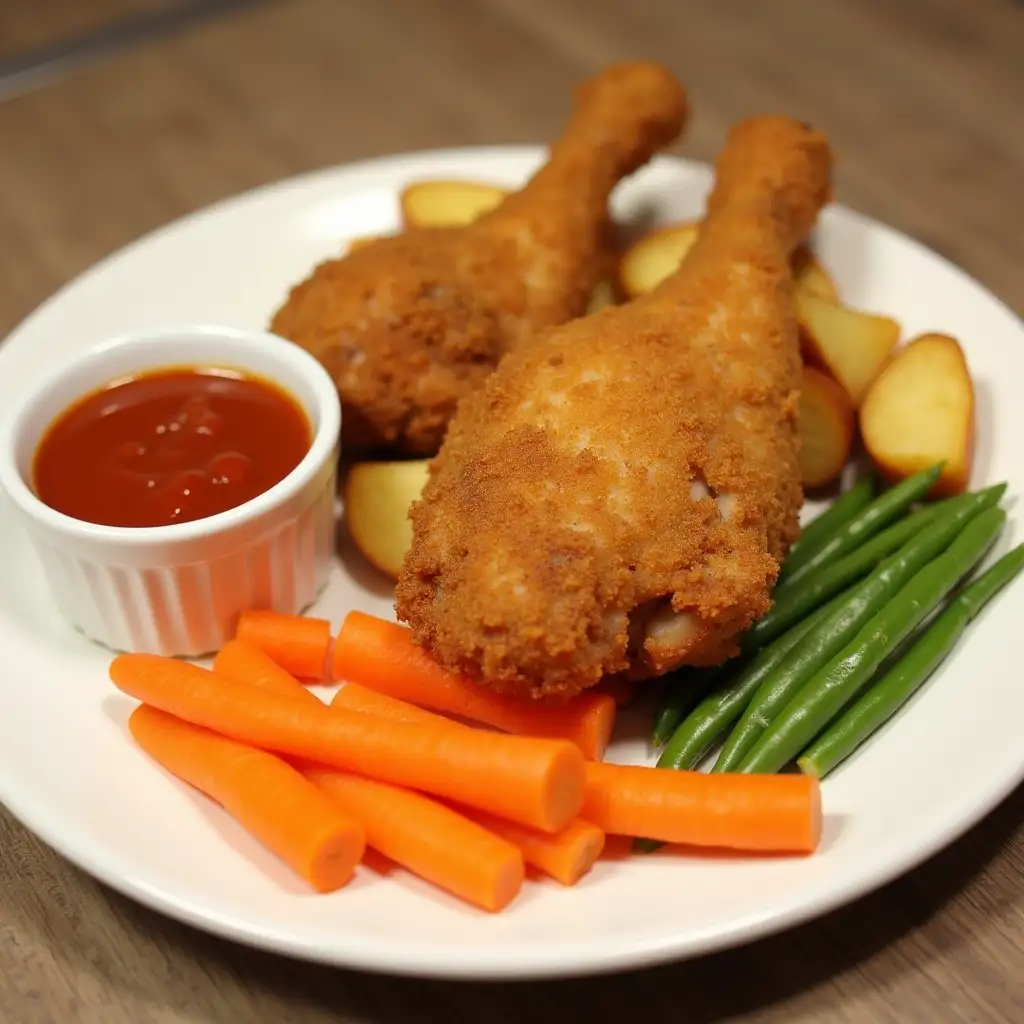 One big Crispy chicken with fried potato, mini white cup of tomato sauce and long carrot pieces and long beans on the white plate