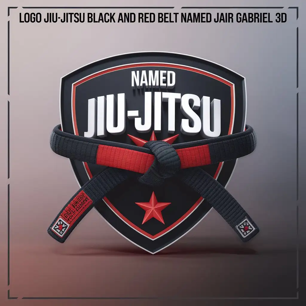 LOGO Design for JiuJitsu Black and Red Belt Named Jair Gabriel 3D Shield Emblem with Martial Arts Theme