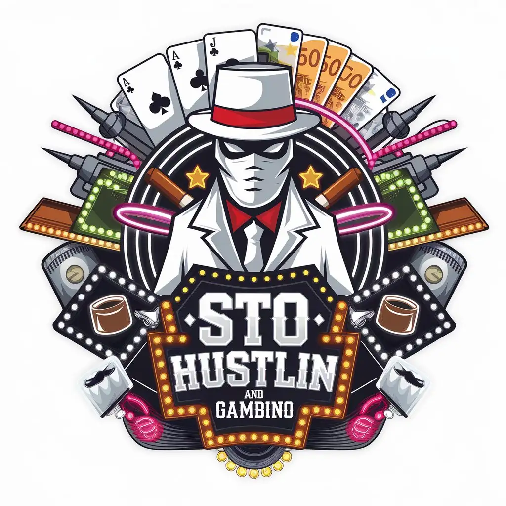 LOGO Design for STO HUSTLIN AND GAMBINO White Gangster Theme with Playing Cards Euro Banknotes and Neon Lights