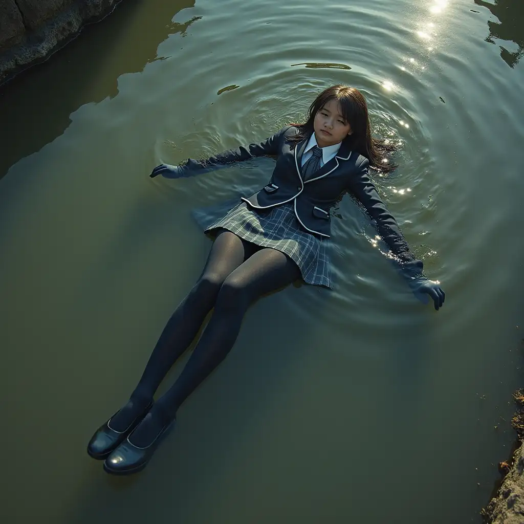 A young schoolgirl in a school uniform, in a skirt, jacket, blouse, dark tights, high-heeled shoes. She is swimming in a dirty pond, lying underwater, all her clothes are completely wet, wet clothes stick to her body, the whole body is underwater, submerged in water, under the surface of the water, below the water's edge.