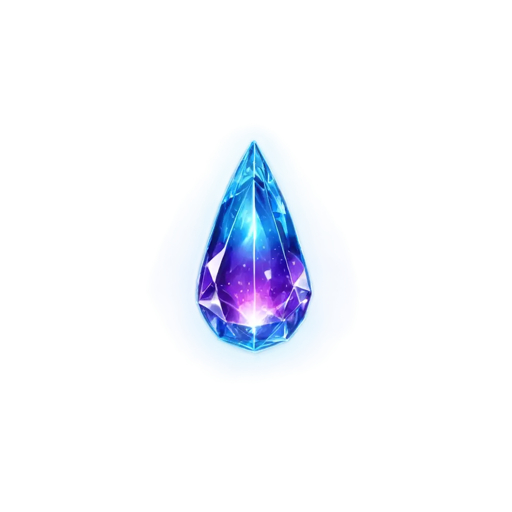 A glowing, high-fantasy crystal shaped like a teardrop comet, floating and shimmering with celestial energy. Smooth facets, refracting soft purple and teal light, with sparkles and a faint magical aura. Stylized icon in a cartoonish UI sprite style with transparency. Ideal for a premium currency in a fantasy game.