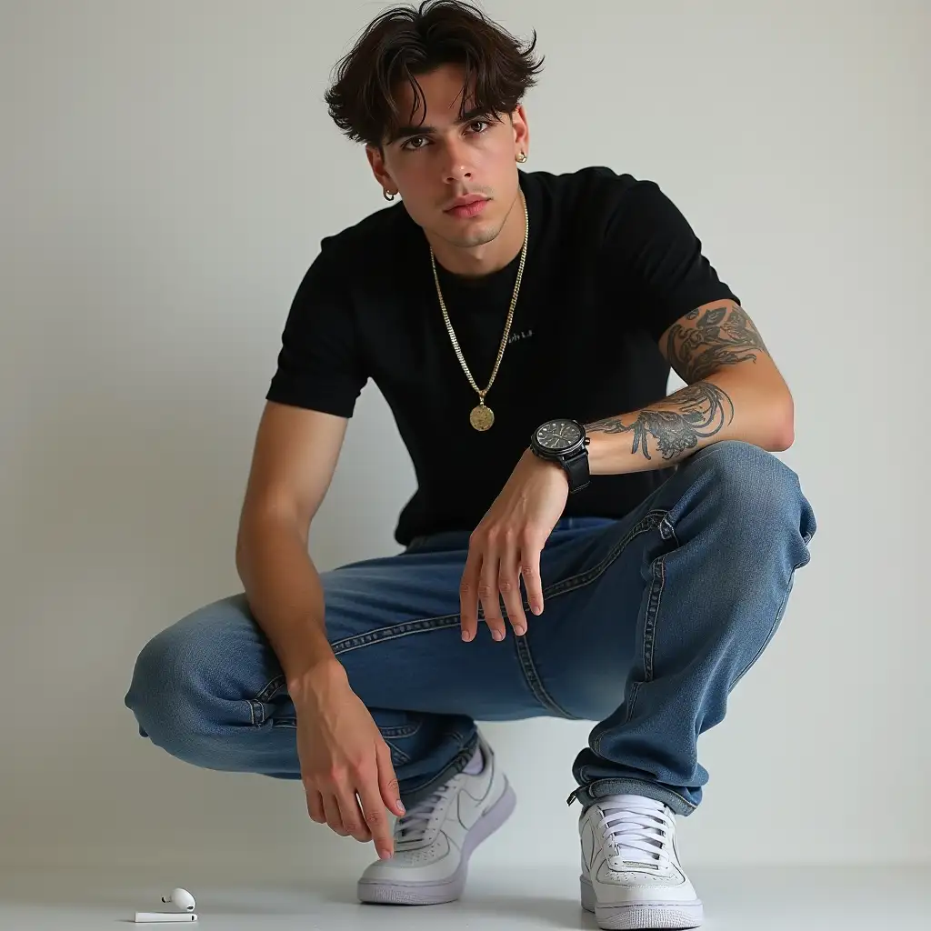 name ruslan eyes brown dark hair, style of a rapper, clothing blue jeans low-rise, black t-shirt vlone white sneakers nike air force 1, accessories casio watch on left wrist wireless earphones air pods 1, tattoo a scorpion on right forearm, cigarettes ps