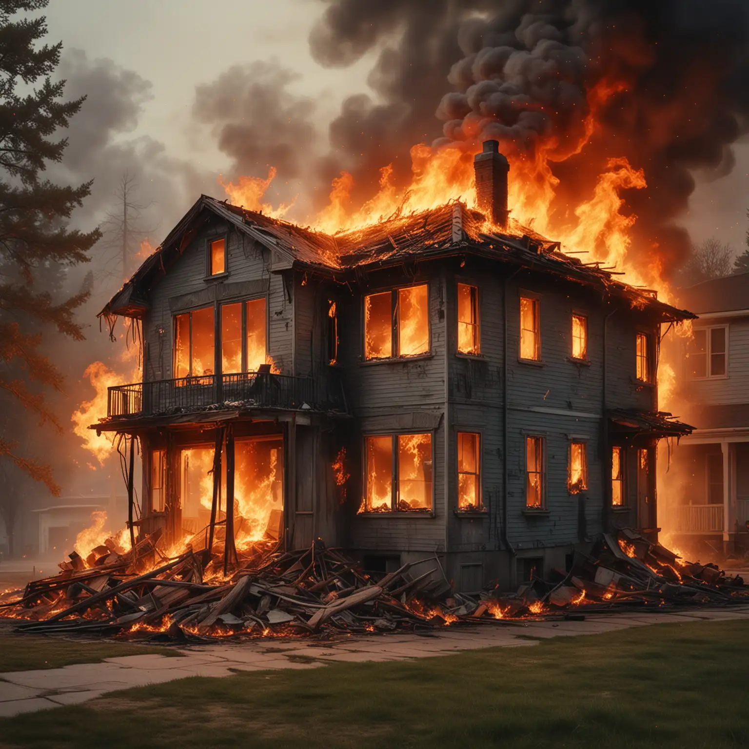 An illustration or a realistic image of a house engulfed in flames.