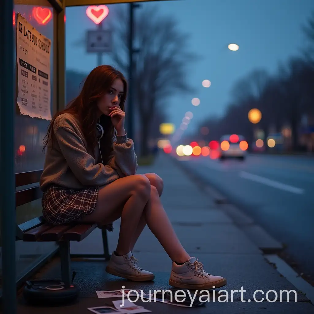 Young-Woman-Waiting-Alone-at-Bus-Stop-in-Dreamy-City-Dawn