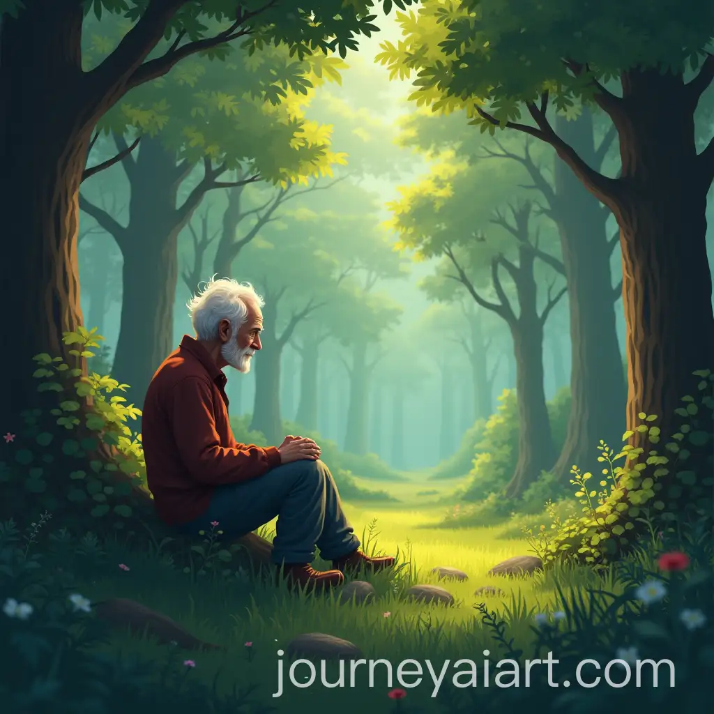 Old-Man-Sitting-in-a-Beautiful-Cartoonish-Forest