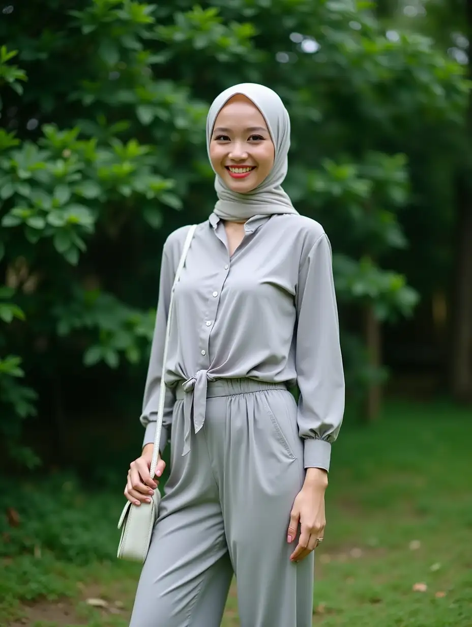 A indonesian woman stands outdoors in a lush green setting, wearing a stylish light grey outfit with a tied blouse and fitted pants. She accessorizes with a chic white handbag and sports a light-colored hijab. The background features dense foliage, creating a vibrant, fresh atmosphere. Capture her confident smile and fashionable look, illustrating a blend of modern style and cultural elegance.