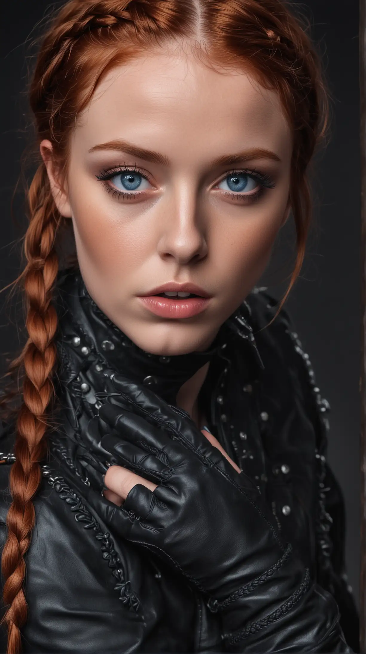 Young Woman with Red Hair Piercing Blue Eyes Braids Leather and Thigh Boots