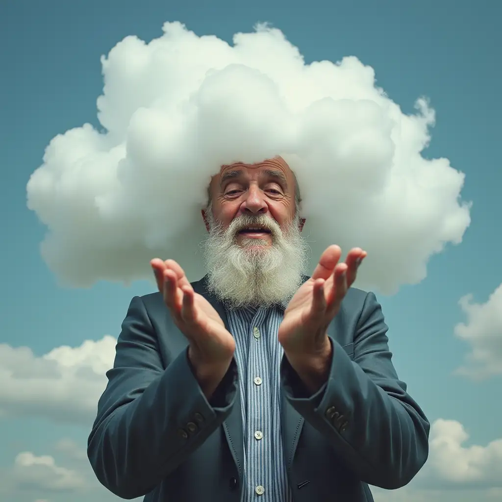 Old Man Squeezing Water from Big Cloud Hyperrealistic Art