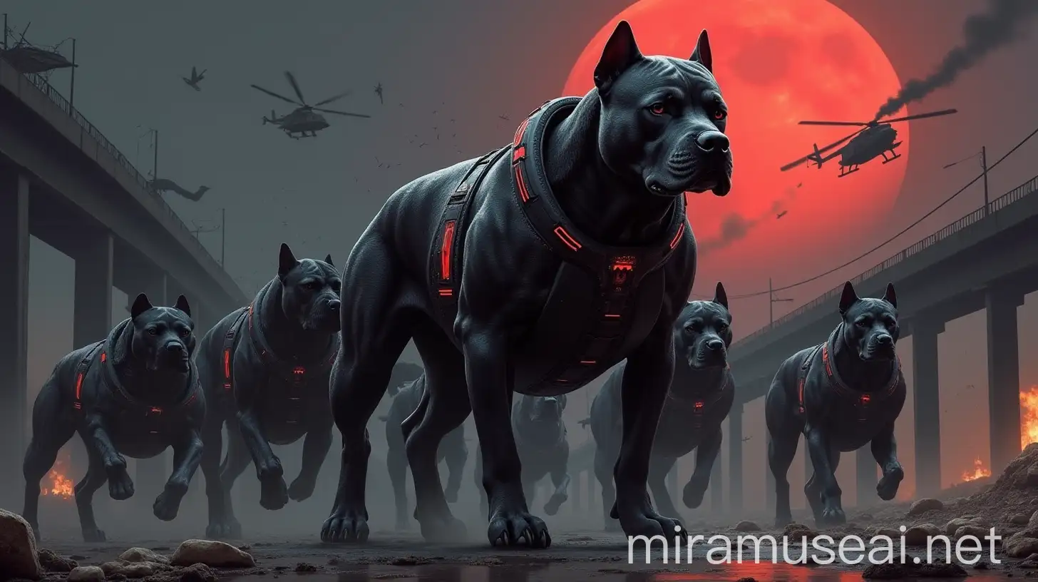 Futuristic Armored Pitbull Pack Leader Amidst Destruction