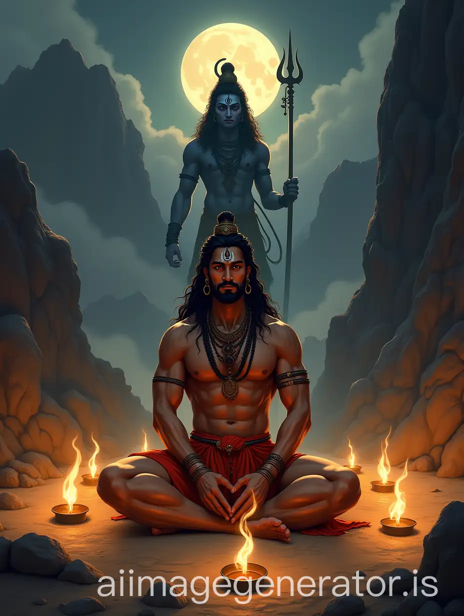 Hindu-Deity-Shiva-in-Meditative-Pose-with-Full-Moon-and-Mountain-Landscape