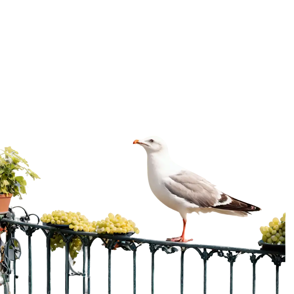 seagull on a balcony while eating grapes stolen from an old lady