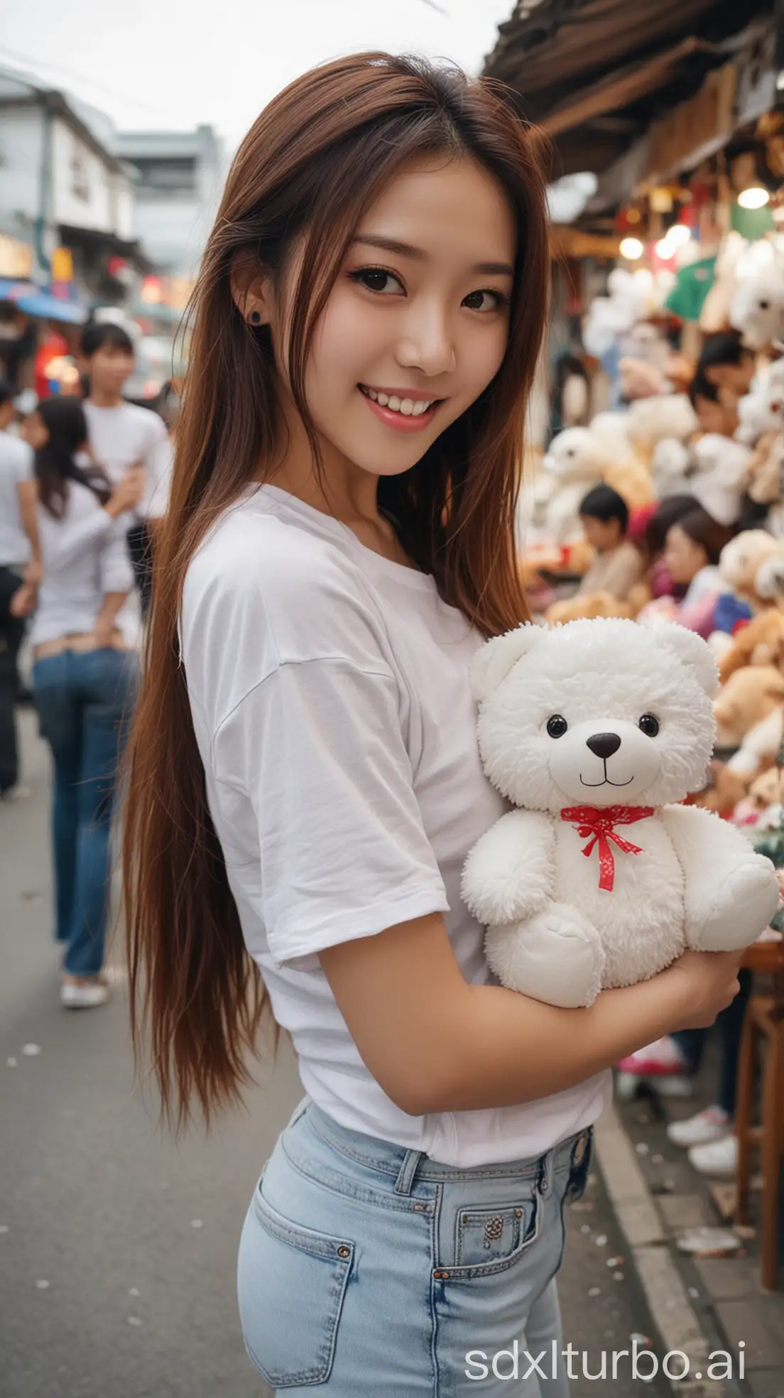 user_prompt: Beautiful Chinese woman, sexy and sweet smile, brown loose long hair, fair skin, black eyes, winter white tight T-shirt and jeans big breast at the roadside stuffed animal stall, holding a plush toy facing the camera, shooting with upward angle