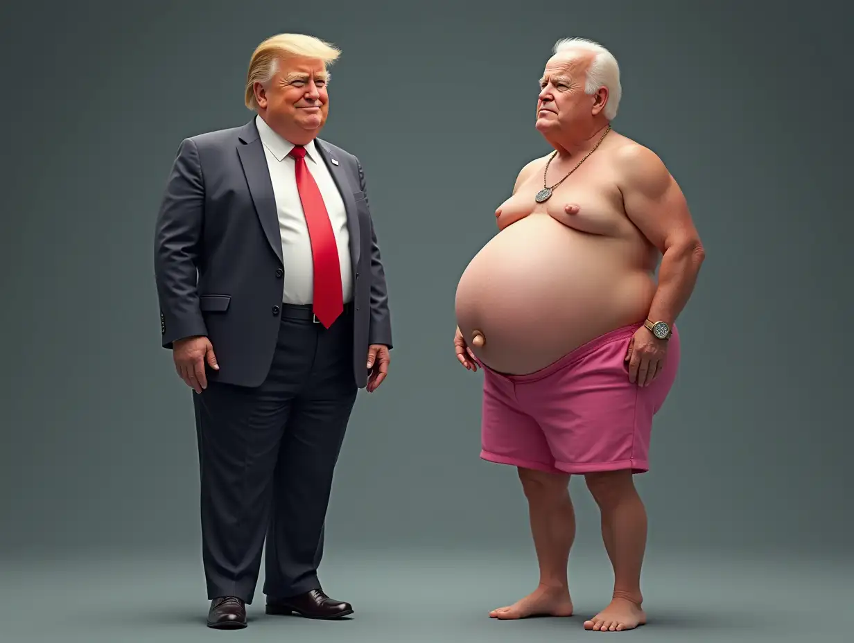 Create a high-resolution, realistic image of Donald Trump with short pants and very thin legs, and Biden with a very large belly and pink pants in 4K resolution