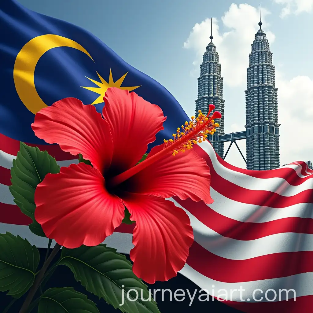 Malaysian-Flag-Wave-Shape-with-Hibiscus-Bouquet-and-Twin-Towers-Background-Poster