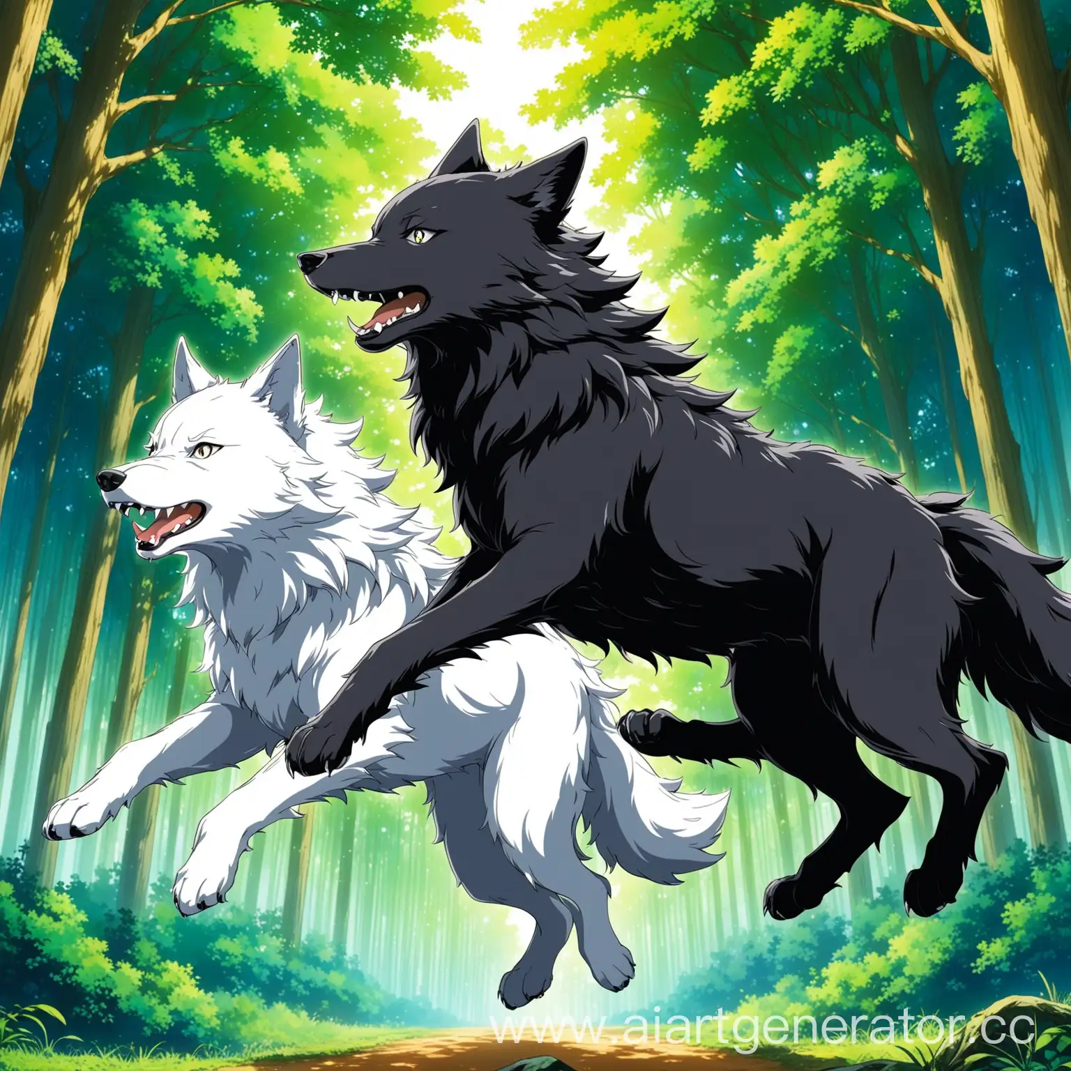 Anime-Black-and-White-Wolves-Jumping-in-Forest