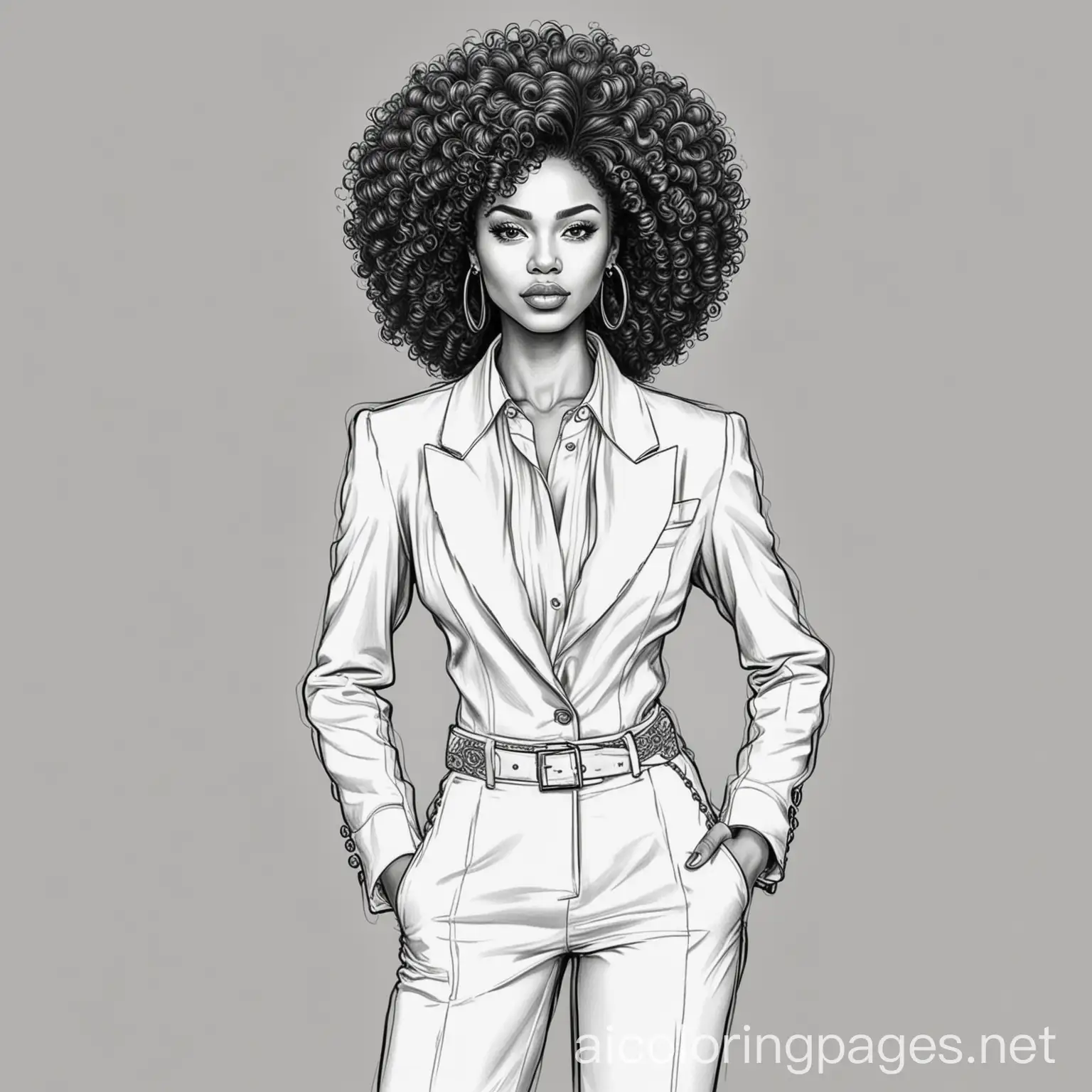 classy black lady with curly afro  in elegant pant suit  with earrings, Coloring Page, black and white, line art, white background, Simplicity, Ample White Space