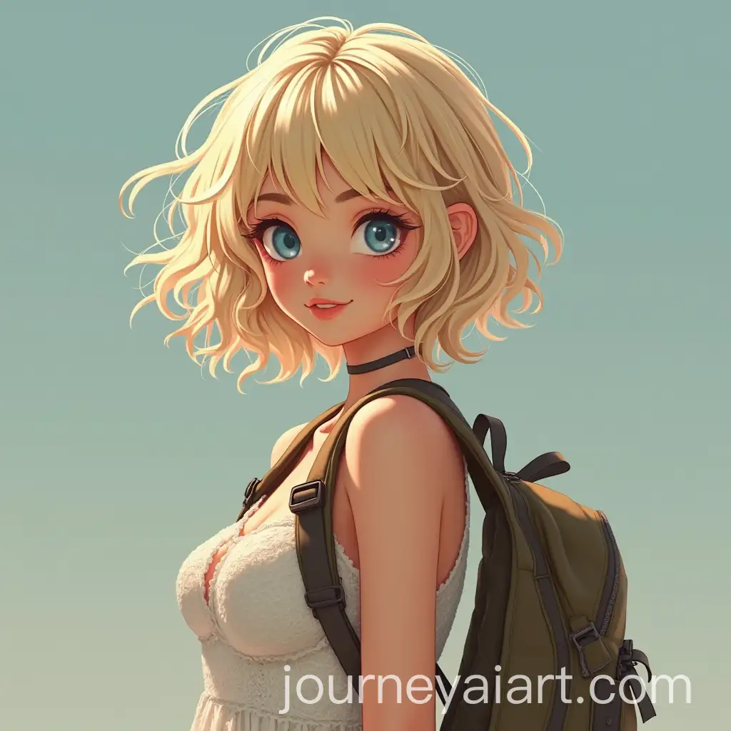 Blonde-Adventurer-in-Lace-Skater-Dress-with-Hiking-Backpack