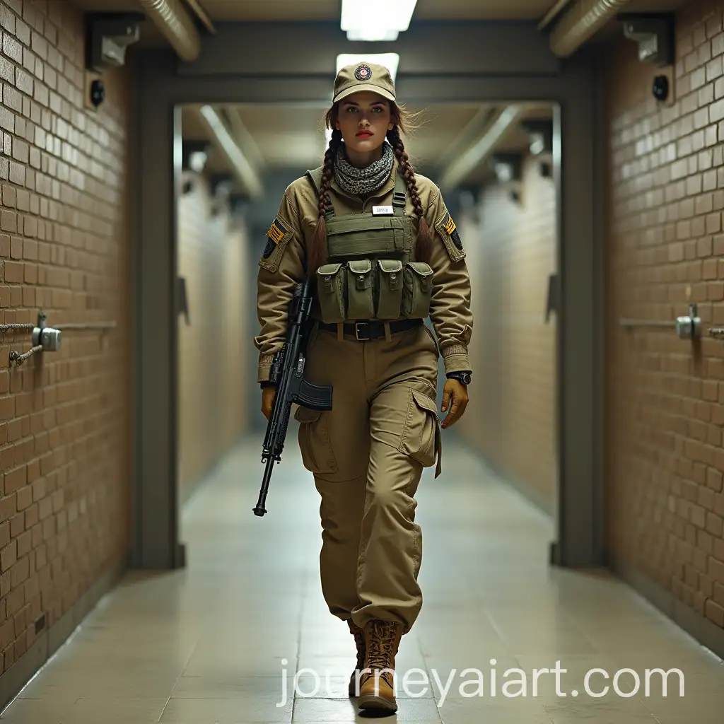 Young-English-Military-Woman-in-Camouflage-Gear-with-AK47-Walking-into-Bunker-Corridor