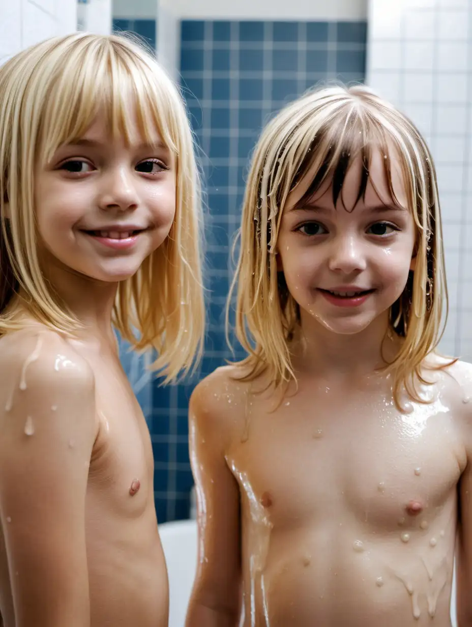 Two-Adorable-Young-Girls-with-ShoulderLength-Blonde-Hair-and-Bangs-Standing-in-Bathroom-with-Wet-Shiny-Skin