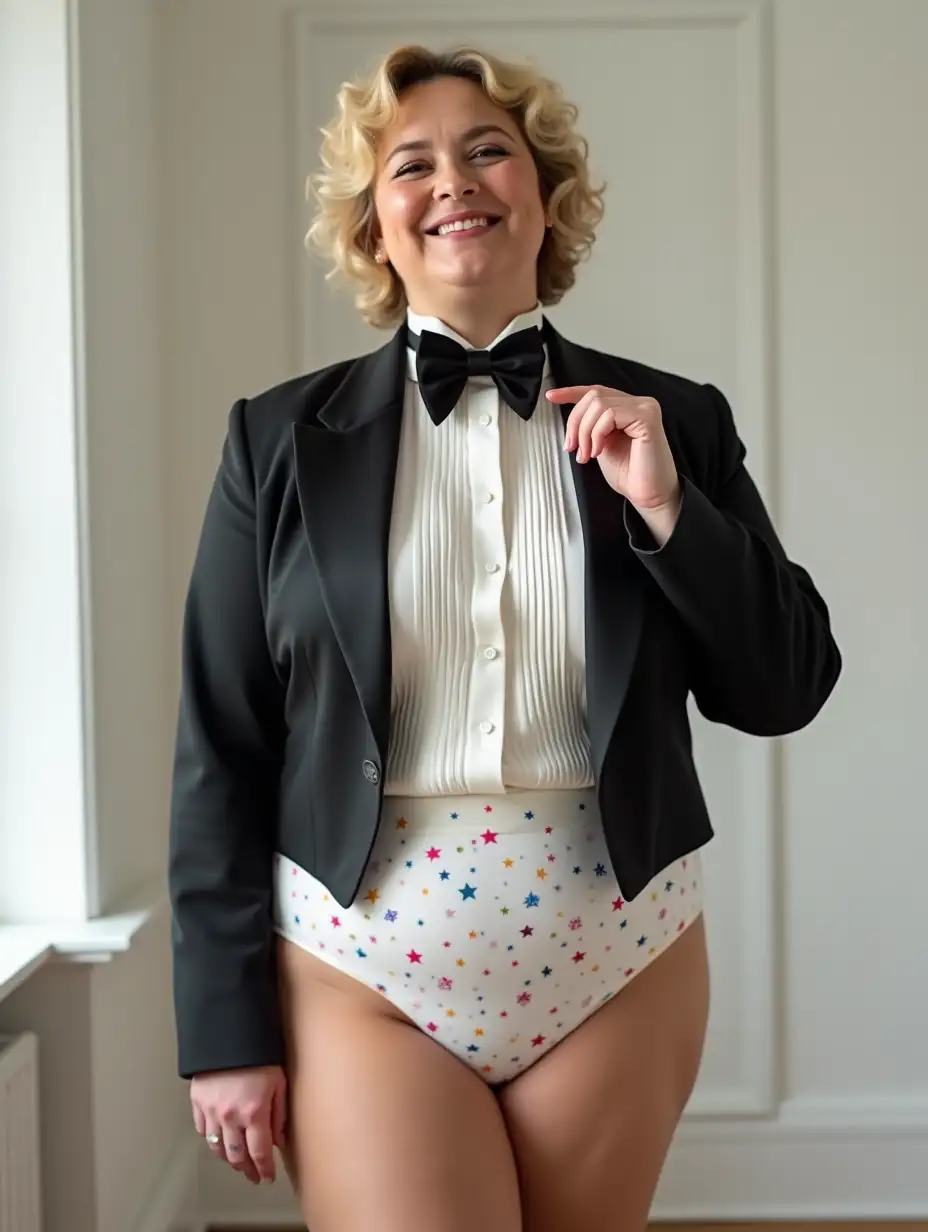 photo realistic, sweet smiling middle-aged larger plump obese body type with large wide hips Caucasian female woman, with short blonde curly 1980s hair with curly bangs, wearing a very formal orchestra concert tuxedo with black long sleeve high cut cropped above waist Eton jacket, white cropped above waist tuxedo shirt, with high standing wingtip collar, and many thick vertical pleats front, black diamond point bow tie with black adjustable neckband, white with many matching multicolored super tiny micro stars all over floral pattern print, very tight mid-rise high cut cotton brief with bright white waistband, bare legs, high heels, looking at viewer while tugging on bow tie, in a white bedroom, full body front view.