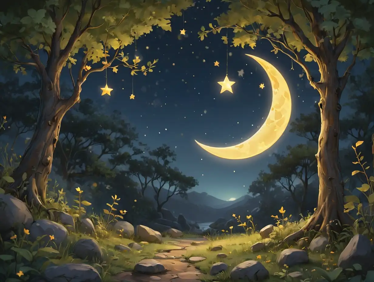 A magical, cartoon-style night sky scene featuring a glowing crescent moon and five softly shining stars hanging from invisible strings. The moon and stars emit a warm golden-yellow light, gently illuminating the surrounding deep blue sky. Small twinkling stars scatter throughout the background, enhancing the dreamy nighttime atmosphere. The scene is framed by silhouettes of soft, leafy trees and rocks in the foreground, creating a cozy and whimsical forest-like setting. The art style is soft and child-friendly, with smooth outlines, gentle shading, and a warm, enchanting mood—perfect for a children's lullaby or bedtime story illustration.