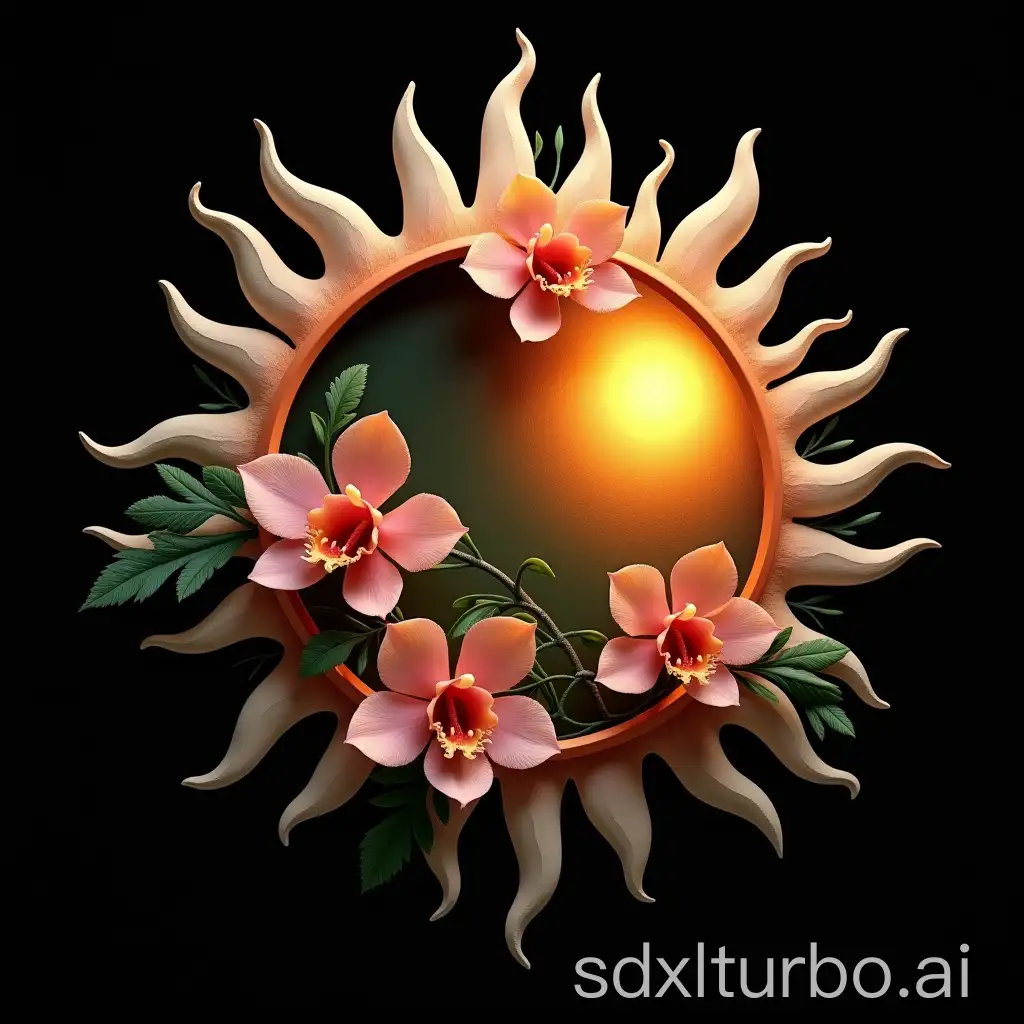 Abstract-3D-Sun-and-Moon-Shape-with-Foliage-and-Orchids-on-Black-Background