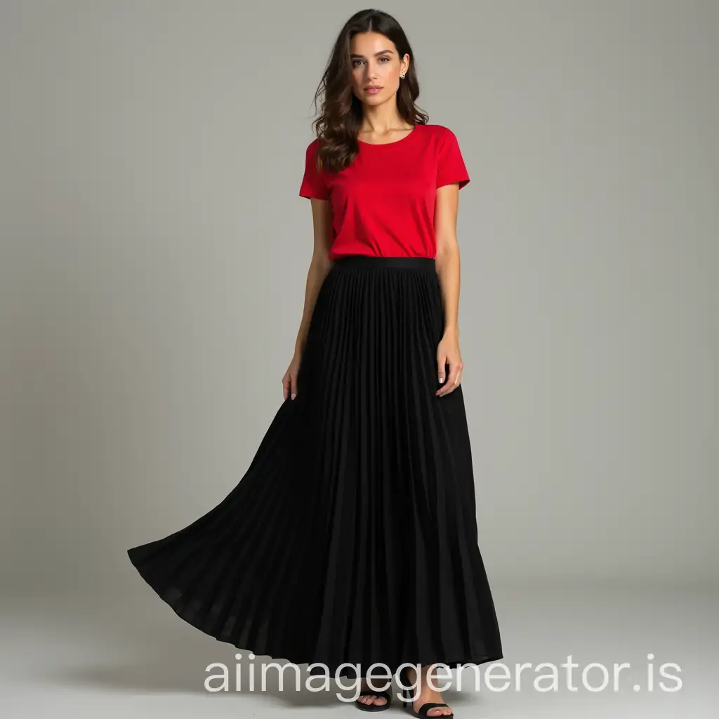 Woman in red tshirt and long black pleated skirt full body